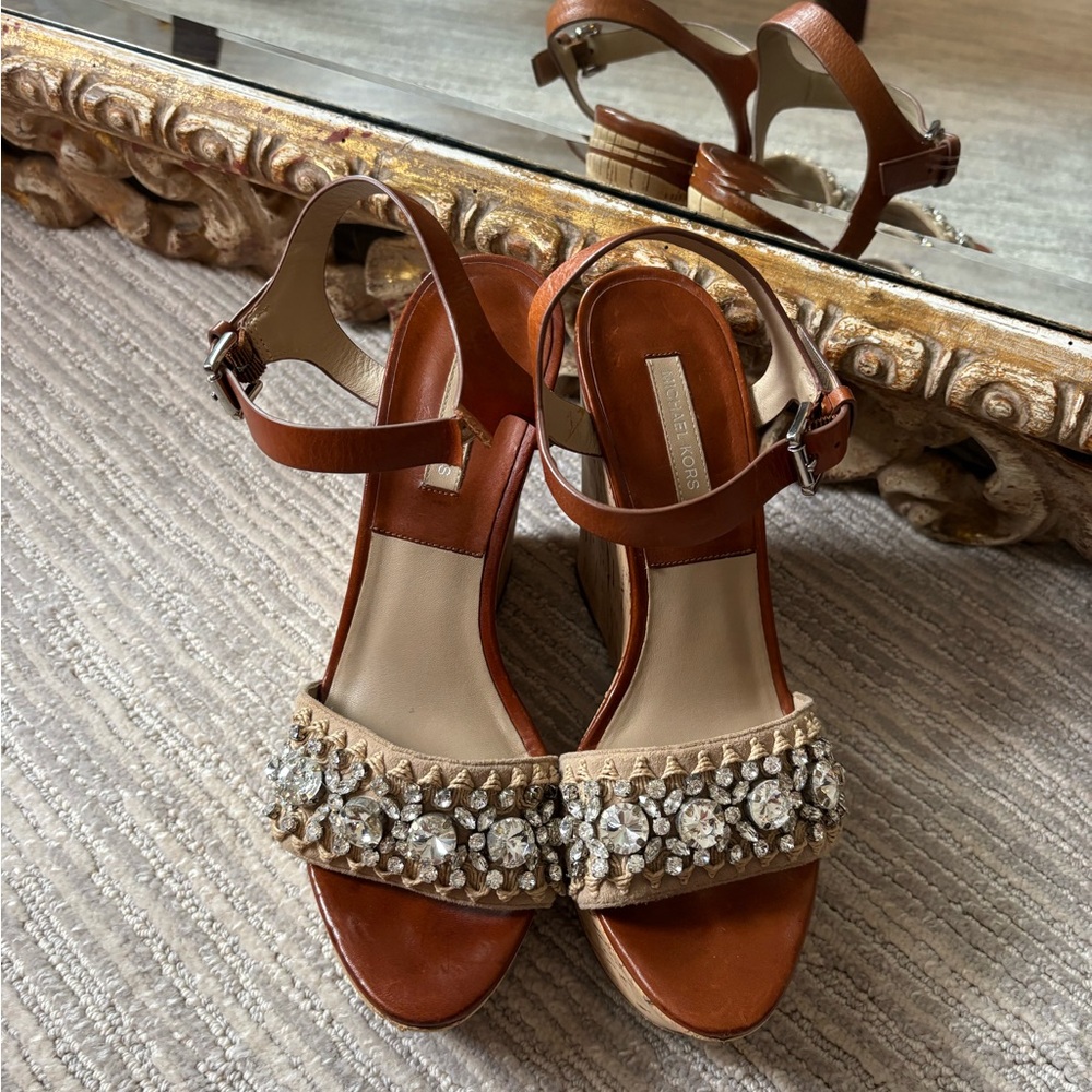 Michael Kors Tan Wedges with Crystal Embellishments